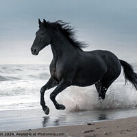 Buy canvas prints of Fresian Horse gallops through Surf by Tom McPherson