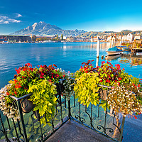 Buy canvas prints of Colorful lake Luzern and Pilatus mountain peak view by Dalibor Brlek