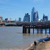 Buy canvas prints of Thames Beach and London Skyline by Nathalie Hales