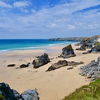 Buy canvas prints of Messages in the sand at Bedruthan Steps, Cornwall by Nathalie Hales