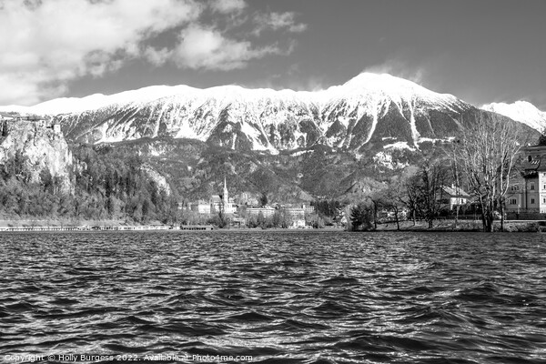 Bled Black and White of the snow cap Mountains in Slovenian Picture Board by Holly Burgess