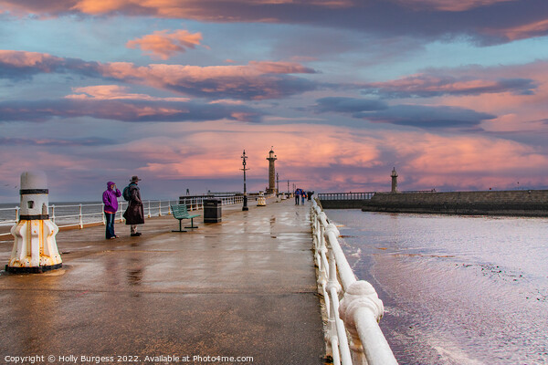 Whitby Pier a wet day with a beautiful sunset after wards  Picture Board by Holly Burgess