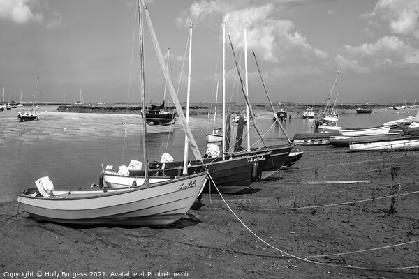 Burnham Norfolk Coast Fishing boats ready for the next sail black and white  Picture Board by Holly Burgess