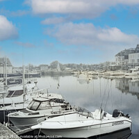 Buy canvas prints of Honfleur France, converted the Boats to Black & White, leaving the sky as it was  by Holly Burgess