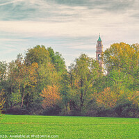 Buy canvas prints of Large green field with trees and one bell tower. by Claudio Lepri