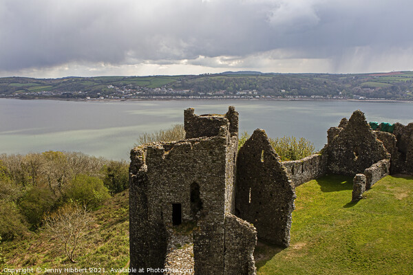 Llansteffen castle with views of river Towy and Ferryside, Carmarthenshire Picture Board by Jenny Hibbert
