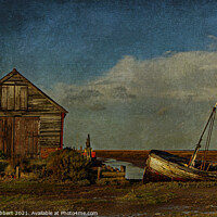 Buy canvas prints of Boathouse & boats near Blakeney Norfolk by Jenny Hibbert