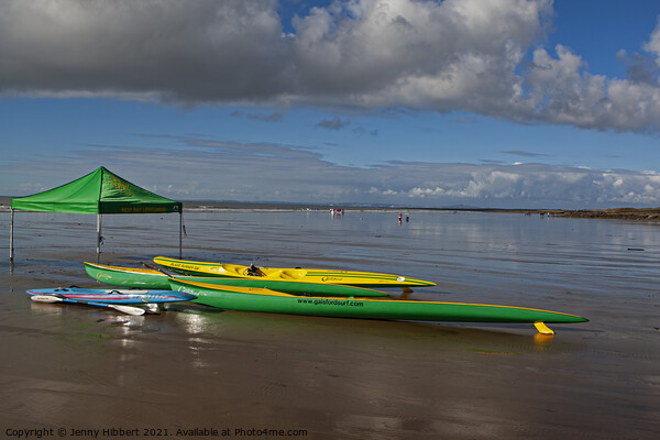 Surf canoe on Rest Bay Porthcawl, West Glamorgan, Wales Picture Board by Jenny Hibbert