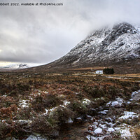 Buy canvas prints of Buachaille Etive Mor with Lagangarbh Cottage in front Glencoe by Jenny Hibbert
