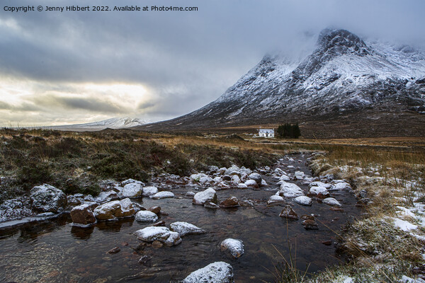 River leading to Lagangarbh Cottage on a snowy morning Picture Board by Jenny Hibbert