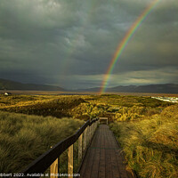 Buy canvas prints of Ynyslas board walk on a stormy evening with rainbow. Dyfi National Nature Reserve. by Jenny Hibbert