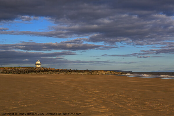Newton beach looking back at small lighthouse Picture Board by Jenny Hibbert