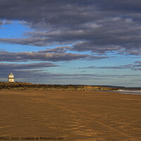 Buy canvas prints of Newton beach looking back at small lighthouse by Jenny Hibbert
