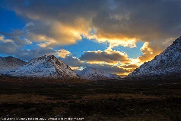 Sunsetting over the mountains in Glencoe Highlands of Scotland Picture Board by Jenny Hibbert