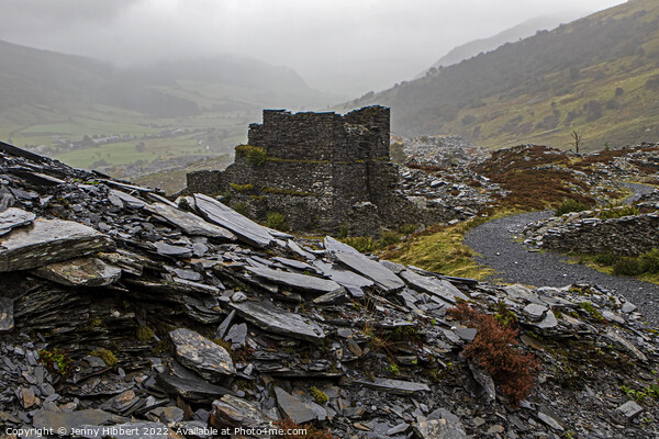 Looking across Penmachno slate quarry ruins North Wales Picture Board by Jenny Hibbert
