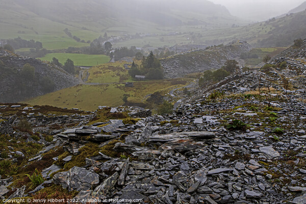 On top of slate looking down to Penmachno slate quarry North Wales Picture Board by Jenny Hibbert
