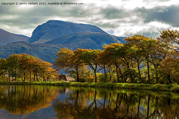 Caledonian Canal with a line of autumnal trees reflecting in the canal Picture Board by Jenny Hibbert