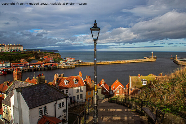 Looking over Whitby Old town & harbour Picture Board by Jenny Hibbert