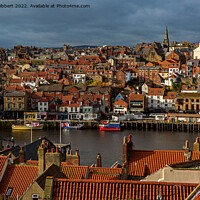 Buy canvas prints of Looking over the roof tops towards Whitby harbour  by Jenny Hibbert