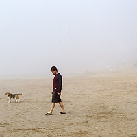 Buy canvas prints of Taking a walk on the beach in summer mist by Jenny Hibbert