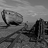 Buy canvas prints of Boat on Dungeness shore with hauling chains by Jenny Hibbert