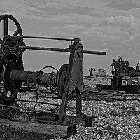 Buy canvas prints of Winding gear on Dungeness beach by Jenny Hibbert