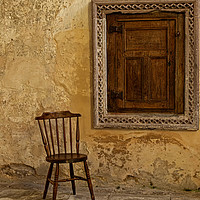 Buy canvas prints of Chair and little door in Abbey Dore by Jenny Hibbert