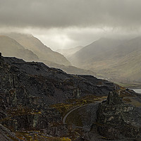 Buy canvas prints of Looking down at Dinorwic Slate Quarry on a misty m by Jenny Hibbert