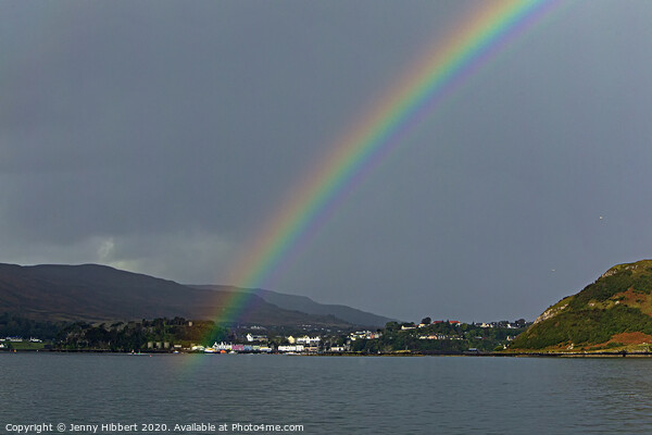 Portree harbour with a rainbow after the rain Picture Board by Jenny Hibbert