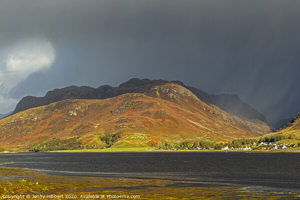 Overlooking Dornie with stormy light Picture Board by Jenny Hibbert