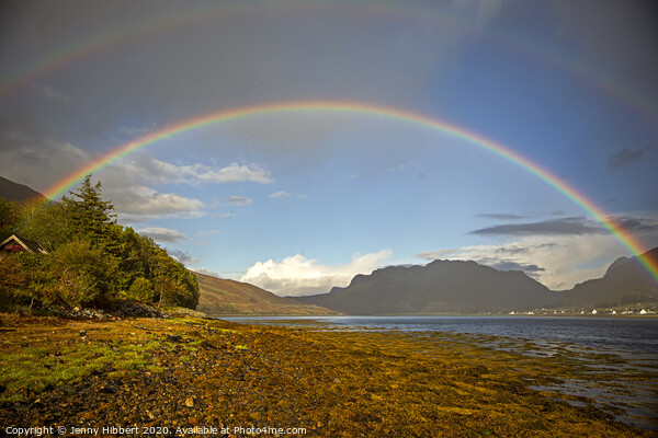 Rainbow crossing over Loch Long in Dornie Picture Board by Jenny Hibbert