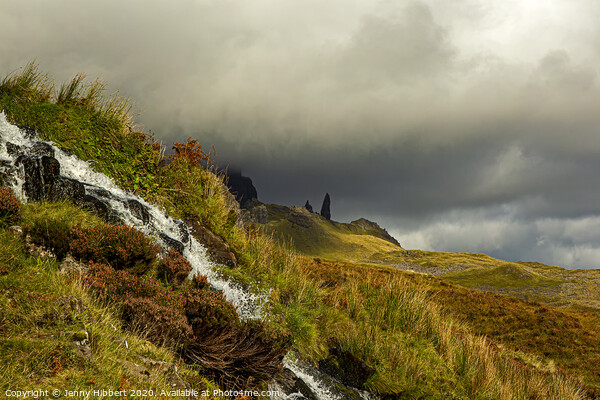 Bride's Veil Falls with Old Man of Storr on the horizon Picture Board by Jenny Hibbert