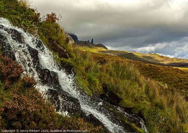 Bride's Veil Falls with Old Man of Storr Picture Board by Jenny Hibbert