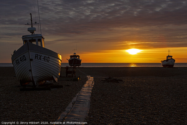 Three old boats on Dungeness beach as dawn rises Picture Board by Jenny Hibbert