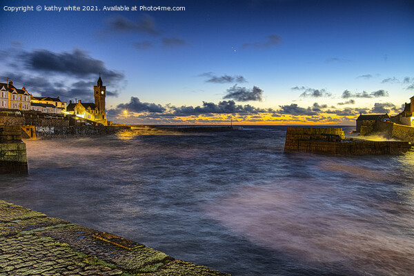 Porthleven Cornwall at night with clock tower Picture Board by kathy white