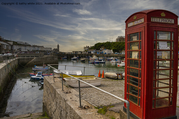 Porthleven Harbour Cornwall, old Red Telephone box Picture Board by kathy white
