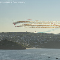 Buy canvas prints of Red arrows in a cornish sky,smoke trails, St Ives by kathy white