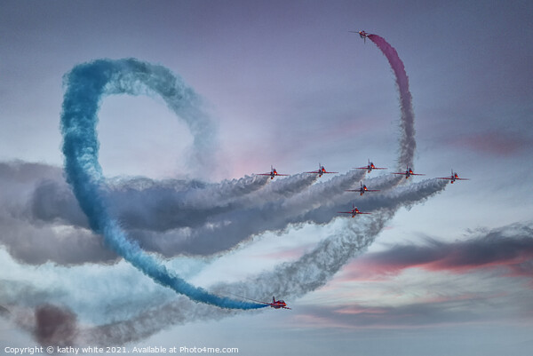 Red arrows, in a cornish sky,smoke trails,  Picture Board by kathy white