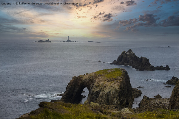 longships lighthouse, Sunset set Lands End Cornwal Picture Board by kathy white
