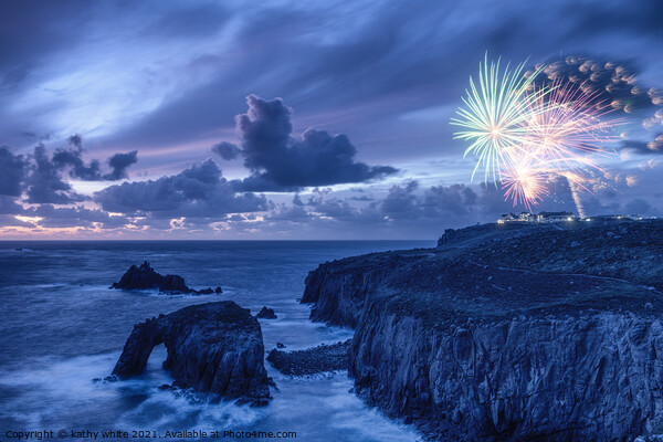 Sunset set at Lands End Cornwall with fireworks  Picture Board by kathy white