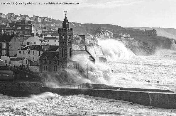 Porthleven storm,black and white Picture Board by kathy white