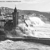 Buy canvas prints of Porthleven storm,black and white by kathy white