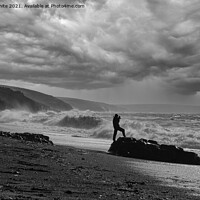 Buy canvas prints of Wave Watcher,storm coming Porthleven cornwall by kathy white