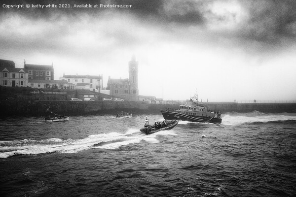 RNLI Porthleven lifeboat black and white fog Picture Board by kathy white