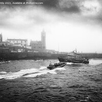 Buy canvas prints of RNLI Porthleven lifeboat black and white fog by kathy white