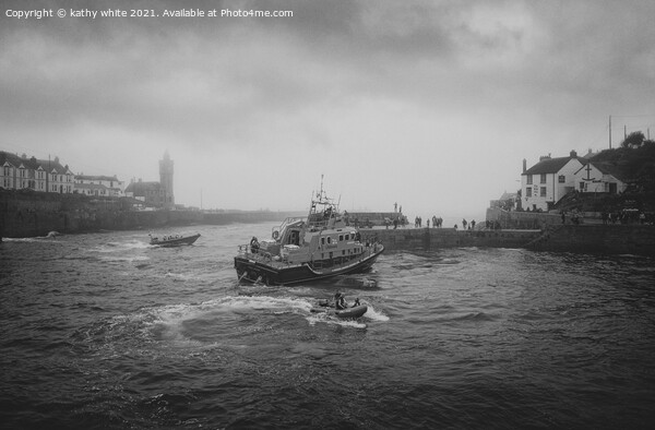  RNLI Porthleven lifeboat black and white fog Picture Board by kathy white
