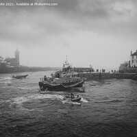 Buy canvas prints of  RNLI Porthleven lifeboat black and white fog by kathy white