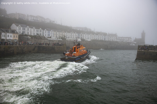 RNLI Porthleven lifeboat misty day Picture Board by kathy white