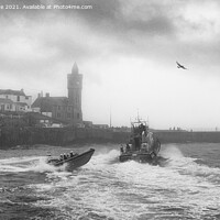 Buy canvas prints of Porthleven Harbour Cornwall,lifeboat day,black and by kathy white