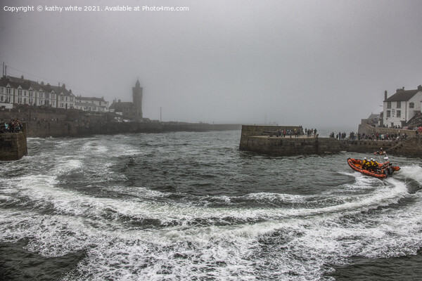 RNLI Porthleven lifeboat misty day Picture Board by kathy white